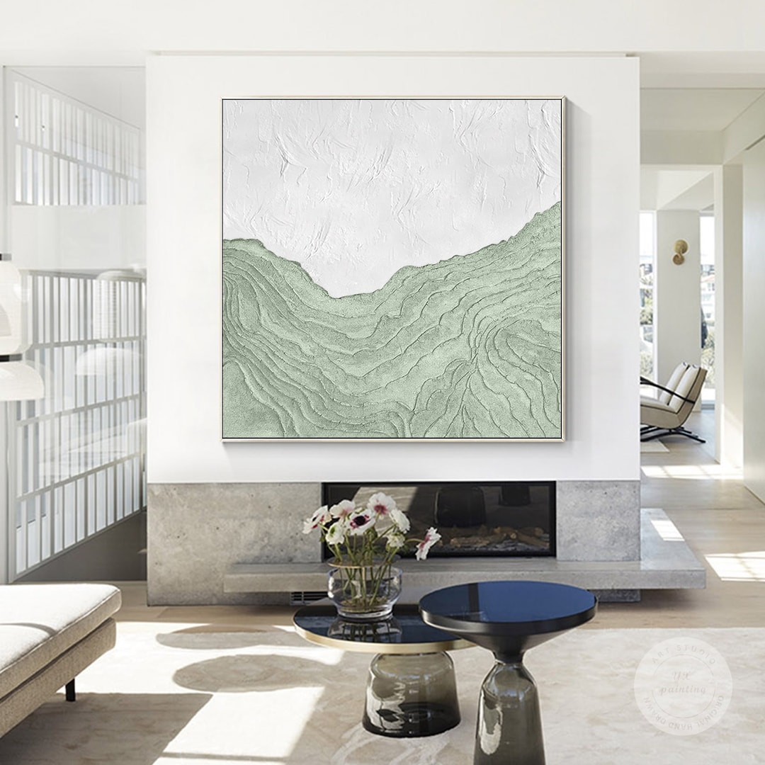 Sage Green White Wall Art, Mountain Range Landscape, Heavy Texture Square Framed Wall Art ...