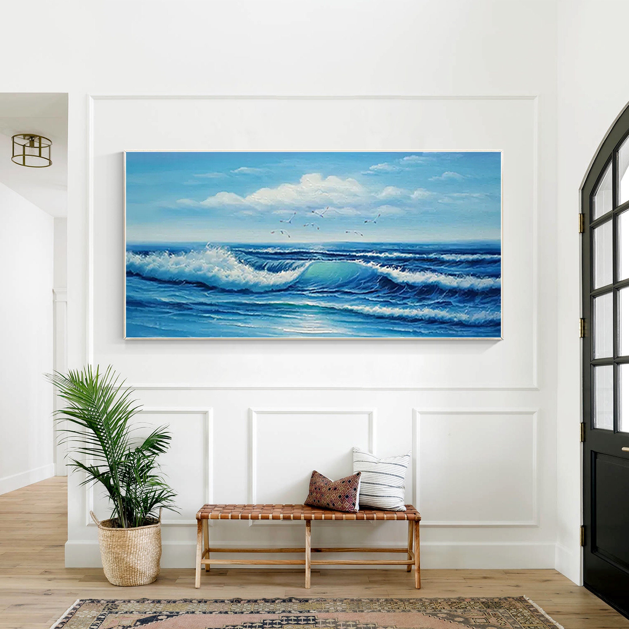 質感のある海景画：青い海の波、額装キャンバスウォールアート - Etsy 日本