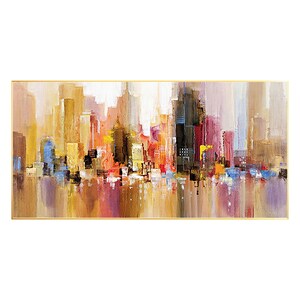 May include: Abstract painting of a city skyline in shades of yellow, orange, red, blue, and brown. The buildings are painted in a blocky style and reflect in the water below.