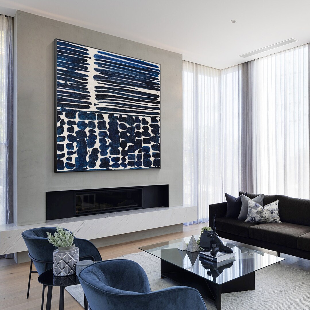 Navy Blue Textured Abstract Painting: Large Square Framed Canvas Art - Etsy