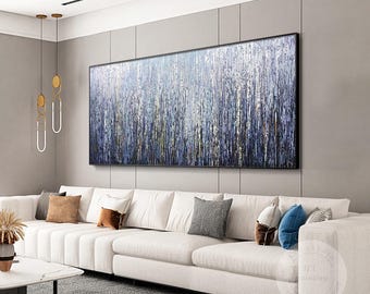Framed Dark Blue Abstract Painting: Heavy Texture Plaster Wall Art