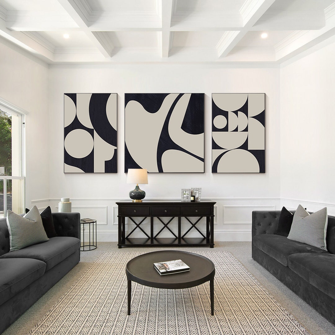 Black and White Abstract Geometric Canvas Art Set - Textured Wall Decor ...