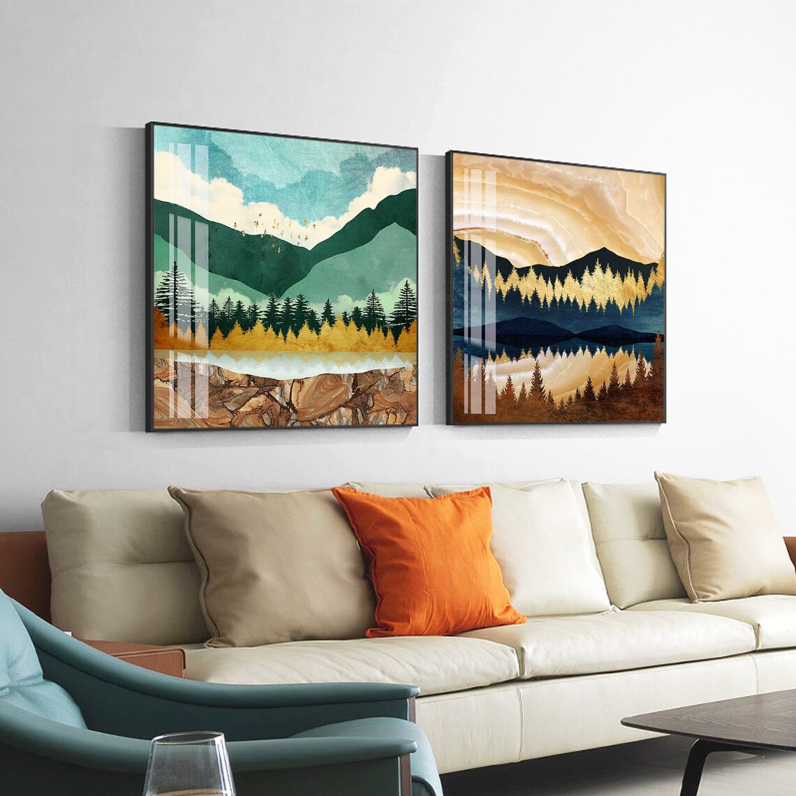 Framed Wall Art gold art Set of 3 wall art Print cloudy art Etsy