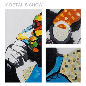 May include: A colorful abstract painting of a gorilla wearing a blue shirt and a hat with a multi-colored pattern. The painting is done in a thick, textured style.