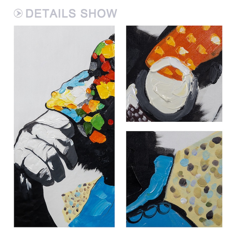 May include: A colorful abstract painting of a gorilla wearing a blue shirt and a hat with a multi-colored pattern. The painting is done in a thick, textured style.