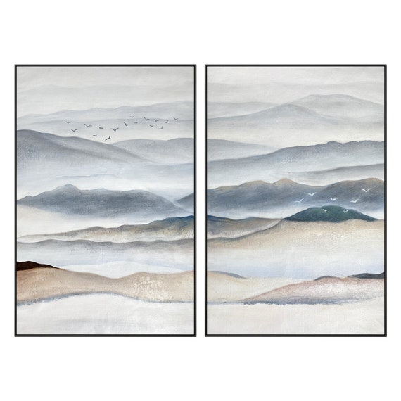 Large Set of 2 Abstract Canvas Art Print, Grey Abstract Original