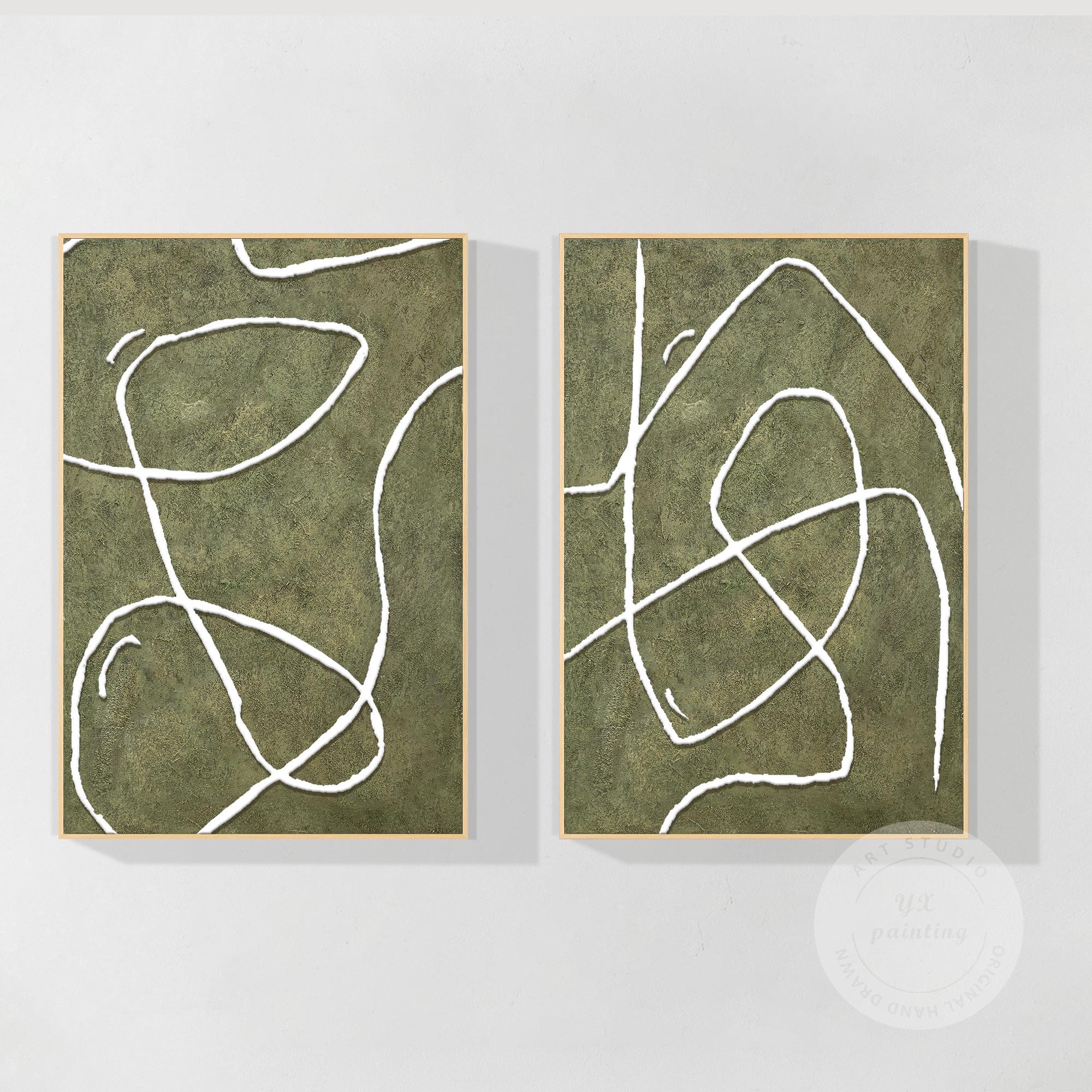 セージグリーンの抽象線画セット：オリジナルアクリルキャンバスアート