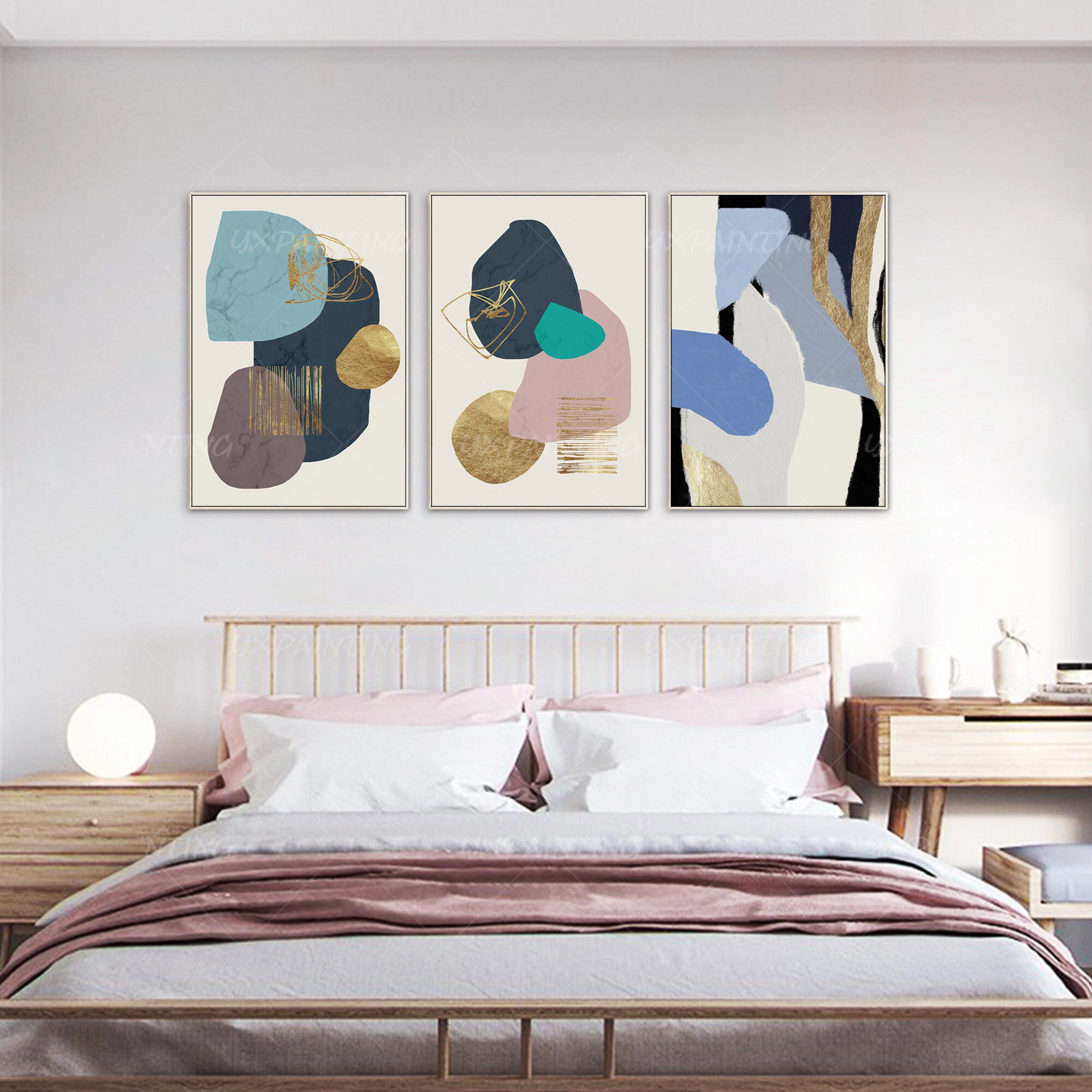 Abstrakter Baum Leinwandbild-Set - 3-teilig, Blau-silber, Handbemalt, Für Wohnzimmer & Schlafzimmer