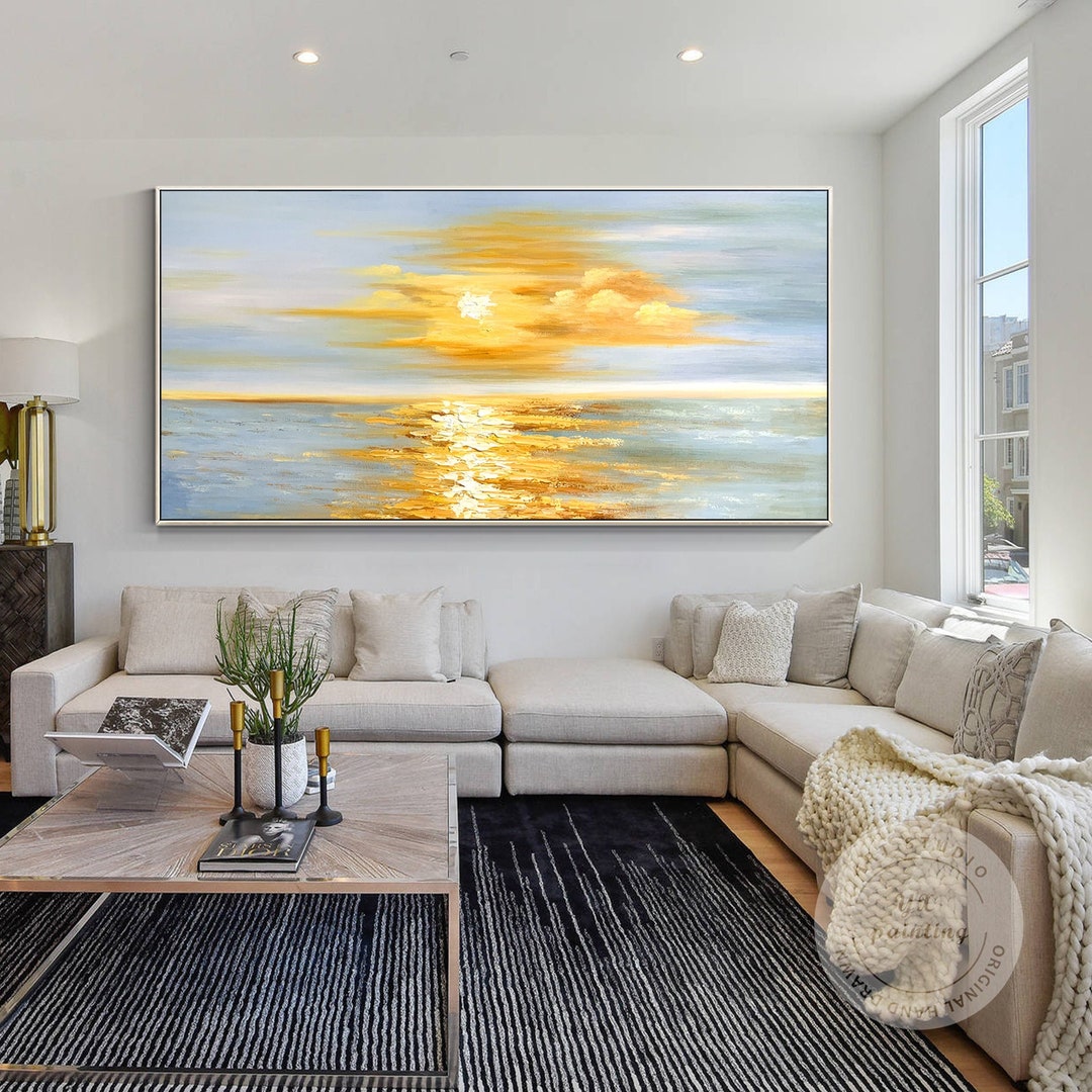 Golden Sunrise Wall Art, Original Seascape Long Horizontal Wall