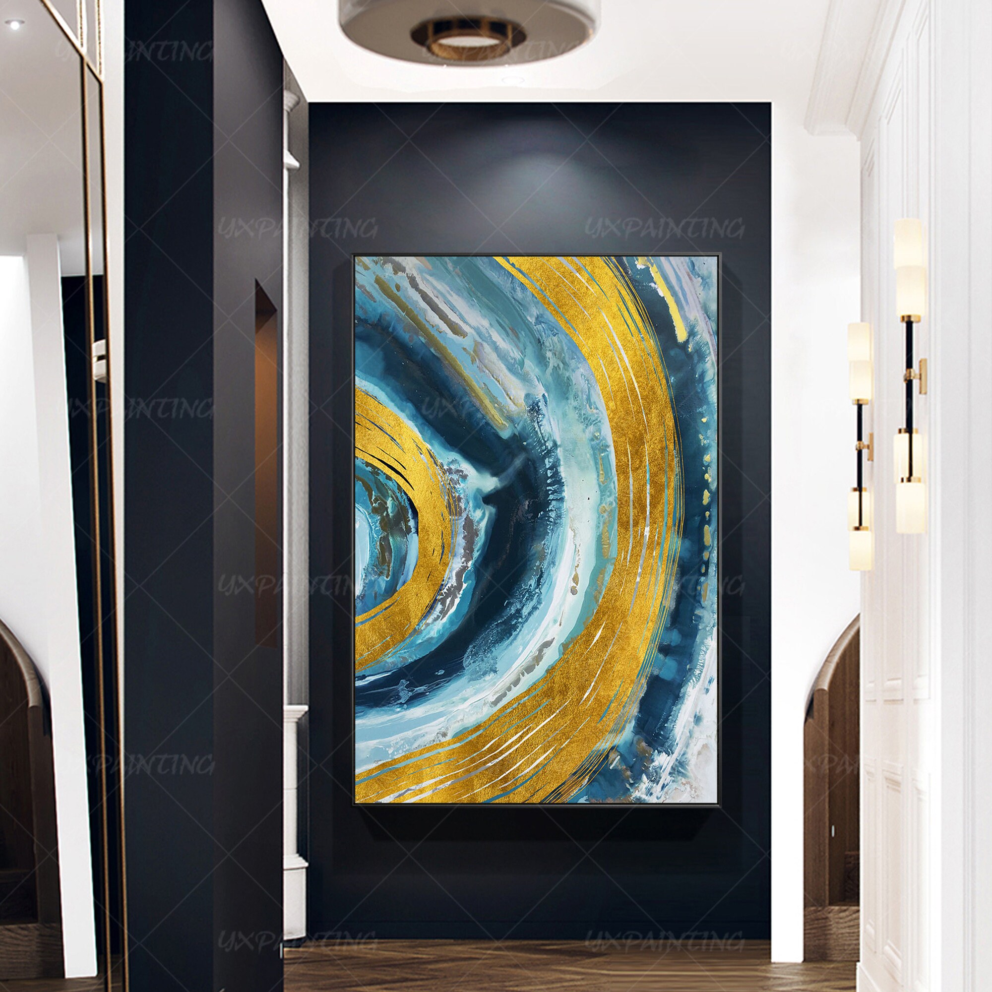 Printable Wall Art Gold Blue Abstract Acrylic Pour Print on Etsy