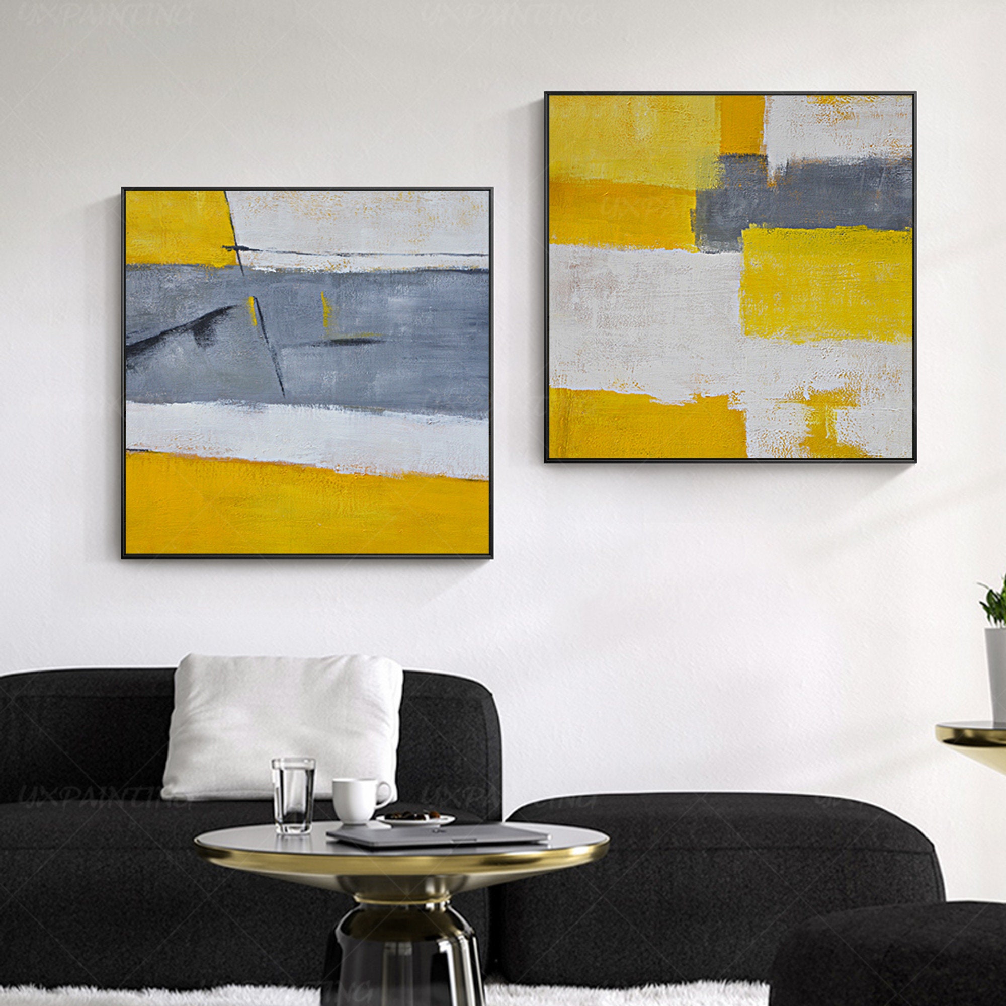 Set of 2: Mustard Yellow & Gray Abstract Framed Canvas Art - Etsy