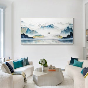 Teal Mountain Painting Original, Watercolor Painting Long Horizontal Livingroom Framed Wall Art, Landscape Painting on Canvas Wall Art Decor image 4