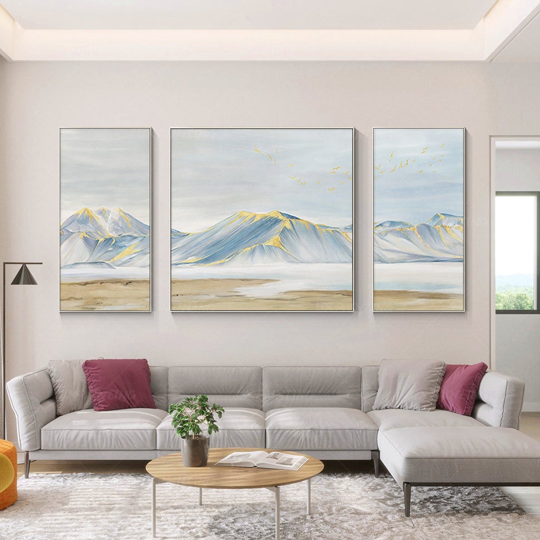 Mountain Landscape Painting Set: Blue Gold Abstract Art on Canvas - Etsy
