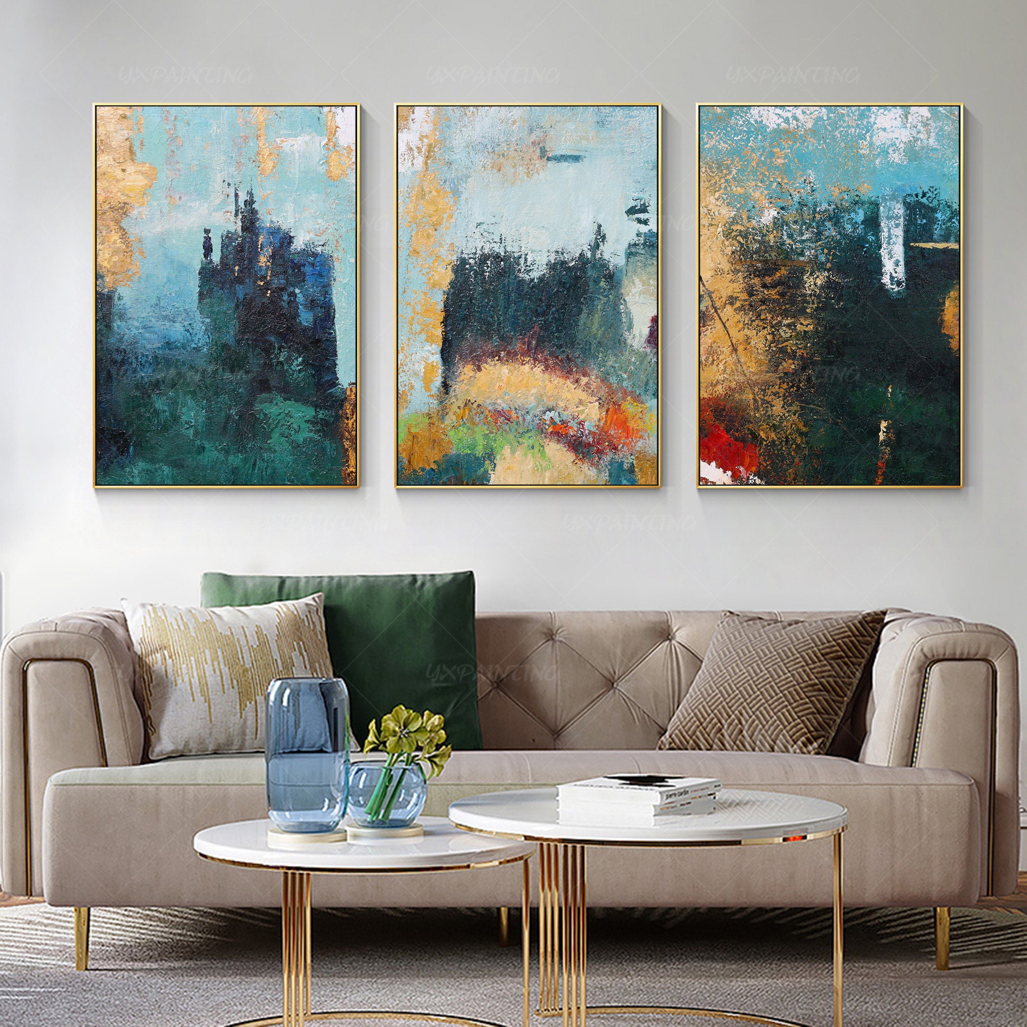 Framed Painting Set of 3 Wall Art Gold Art Mountain Abstract Textured  Painting Acrylic Paintings on Canvas Mint Green Teal Wall Art 