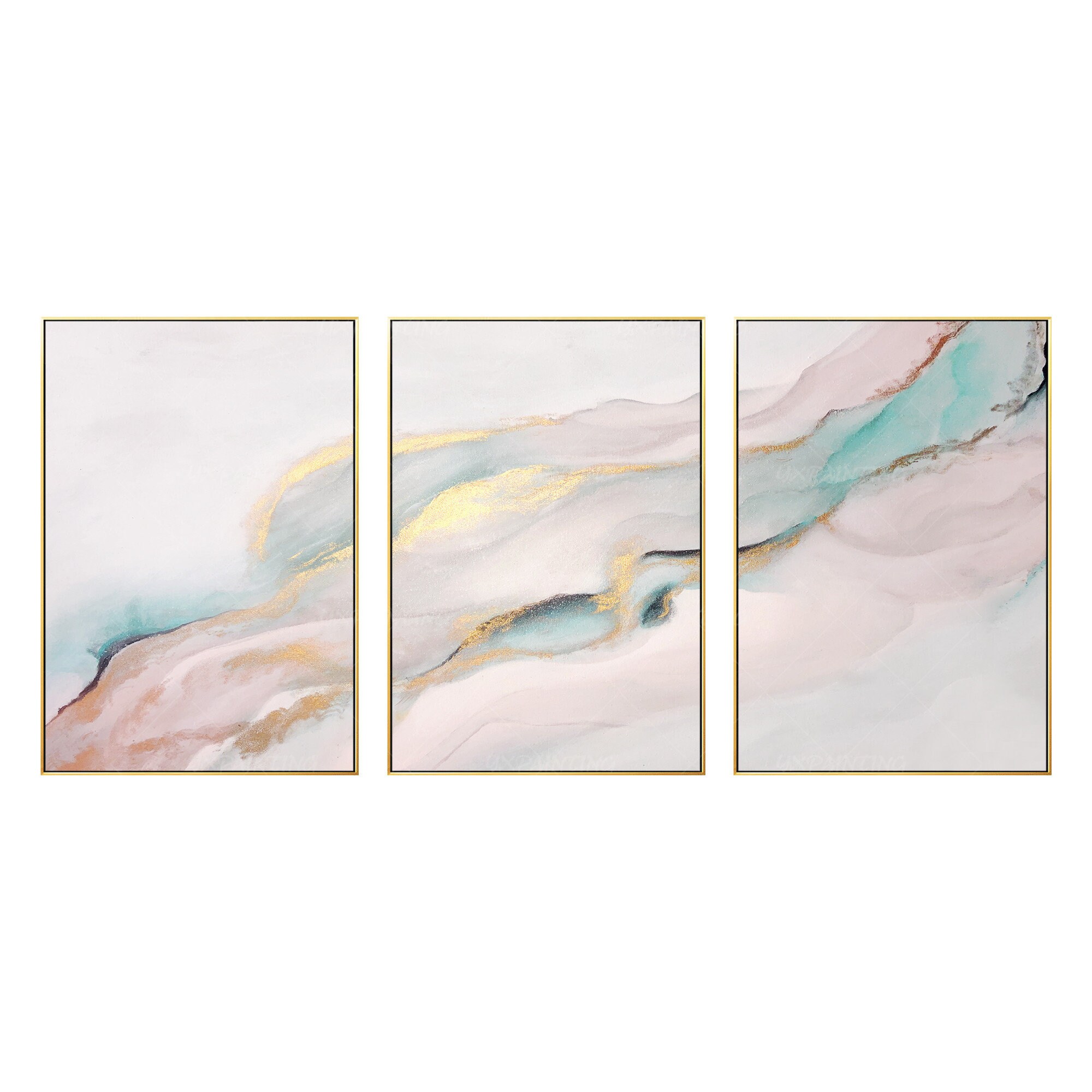 Gold art 3 piece wall art Abstract pink blue set of 3 framed | Etsy