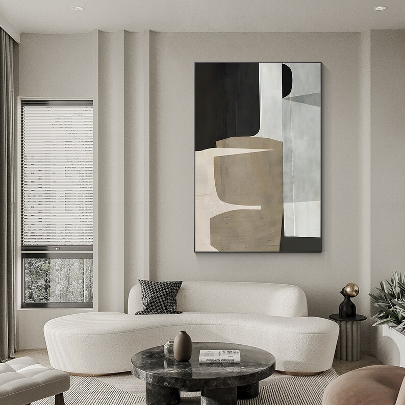 Brown, beige, and black abstract geometric painting on canvas. Minimalist art with organic shapes, extra-large Japanese Wabi Sabi wall decor.