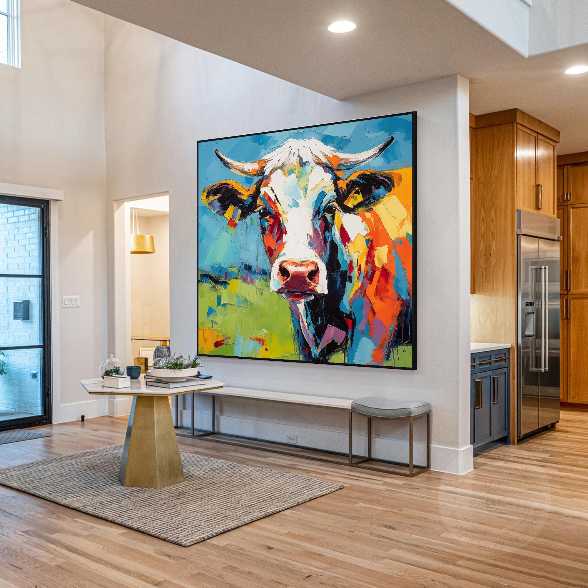 Colorful Textured Cow Painting, Original Oil Painting on Canvas