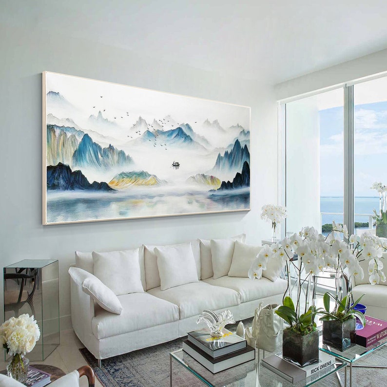 Teal Mountain Painting Original, Watercolor Painting Long Horizontal Livingroom Framed Wall Art, Landscape Painting on Canvas Wall Art Decor image 5