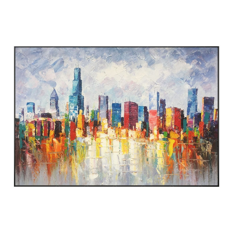 Chicago painting Framed wall art Skyline Original oil Painting Etsy