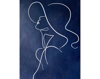 Navy Blue Woman Stick Figure Original Painting on Canvas 