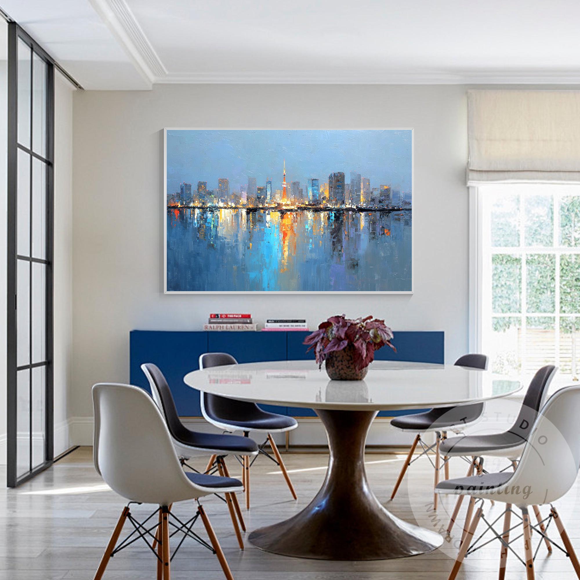 Tokyo City Skyline Painting, Large Horizontal Abstract Cityscape