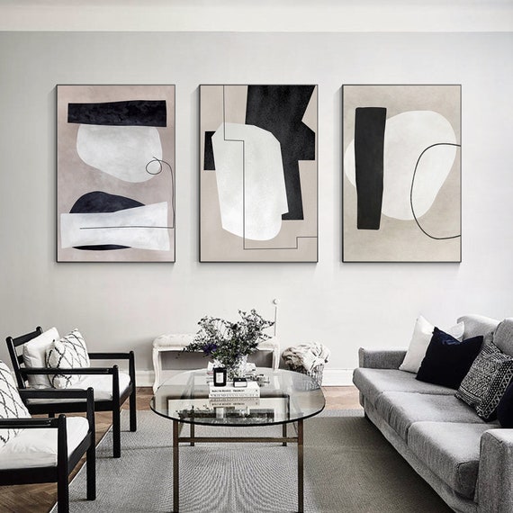 3 Pieces Geometric Framed Texture Wall Art, White Black Gray