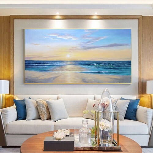 Sunrise original Beach Extra Large seascape Yxpainting Framed wall art Oil Painting On shops Canvas abstract cloudy blue sea wave wall picture