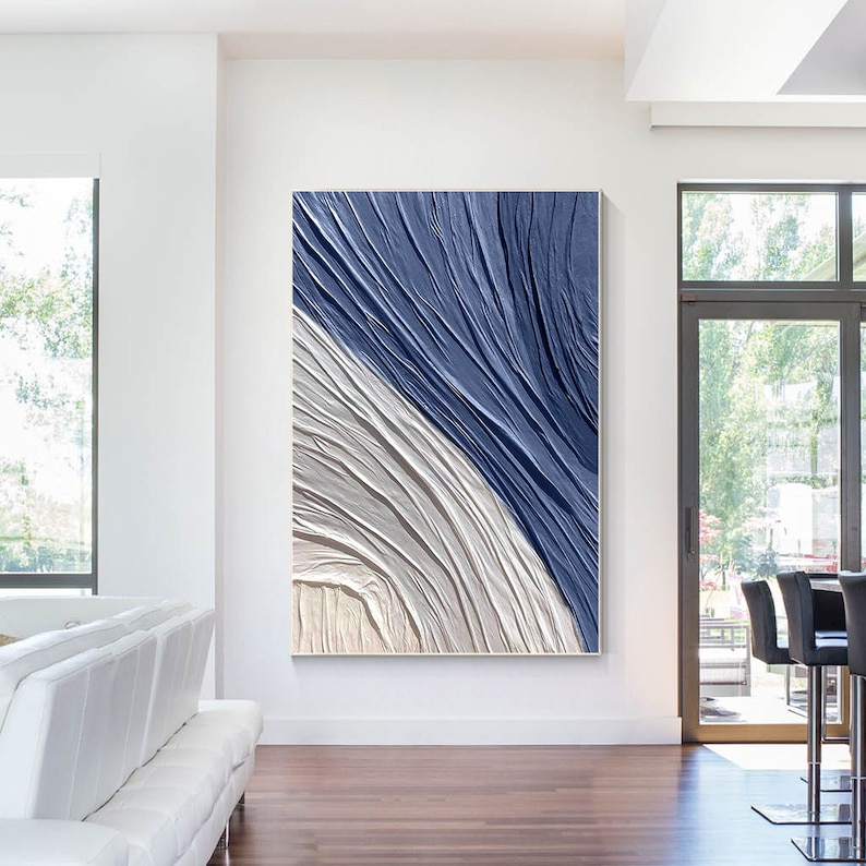 3D textured navy blue and cream wall art with raised design for modern home decor