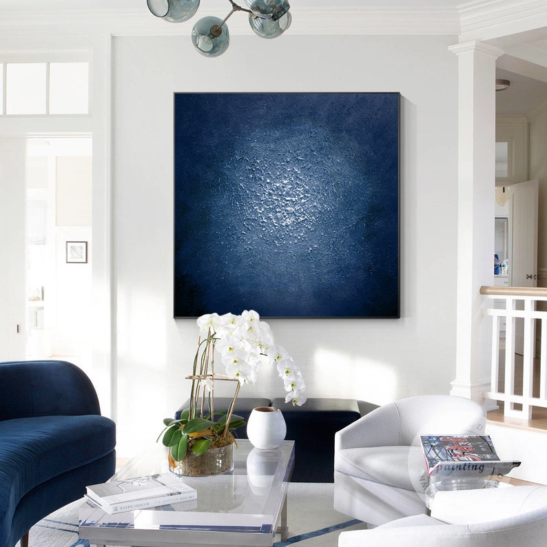 Navy Blue Abstract Txtured Painting on Canvas Square Navy Etsy