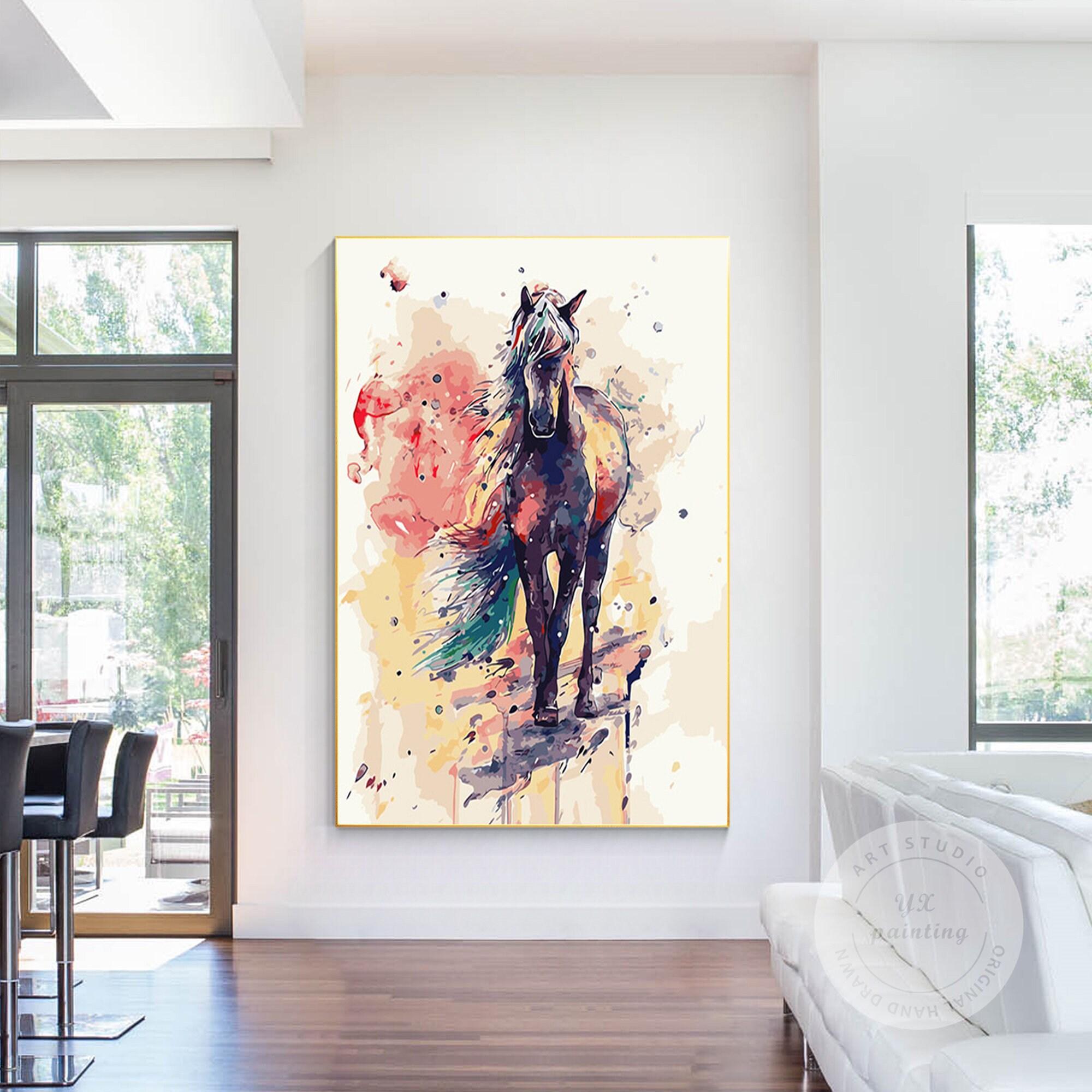 馬の絵 水彩画 BOHO 馬 抽象画 キャンバス 縦長 特大 馬 壁