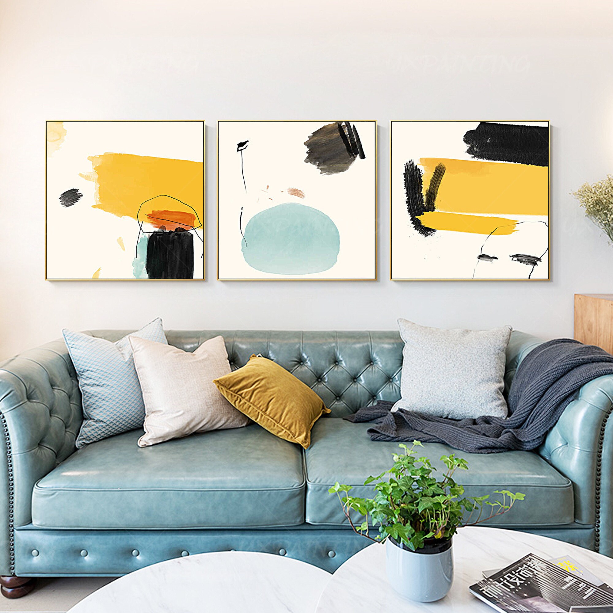 Mustard yellow painting Geometric art framed painting 3 Pieces Etsy