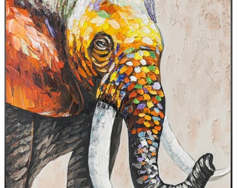 カラフルな象の絵画：キャンバスに描かれたオリジナルのテクスチャ