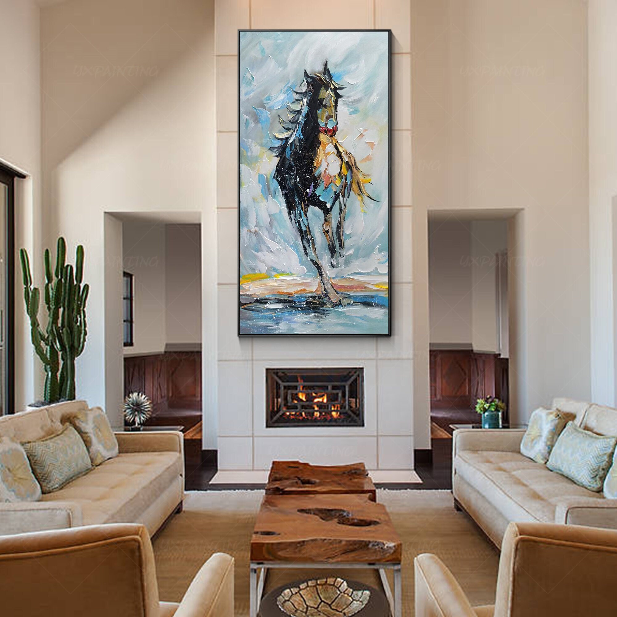 抽象的な馬の絵画：テクスチャアクリルアート、額入りキャンバス