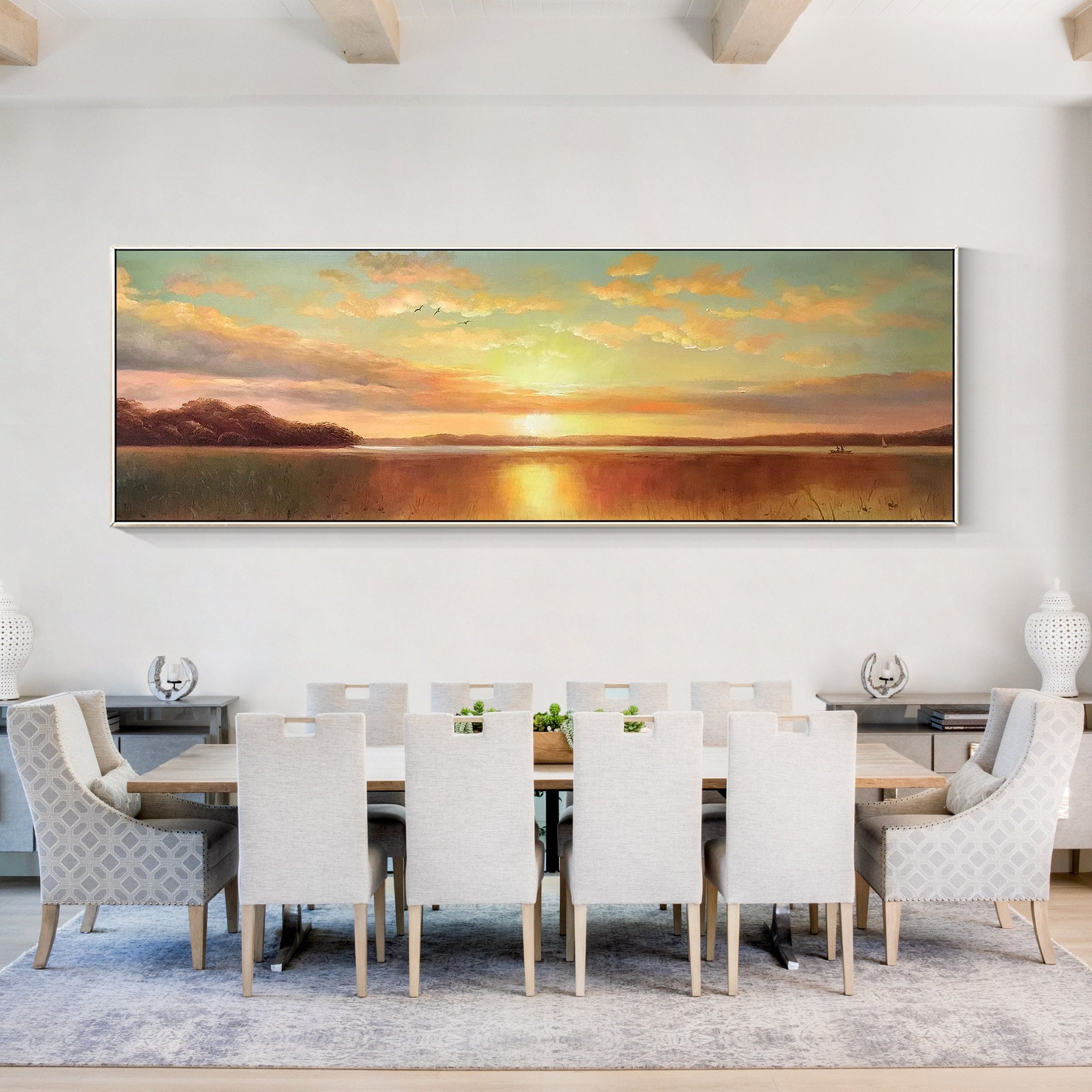 Original Sunrise Sunset Landscape Painting: Long Horizontal Canvas