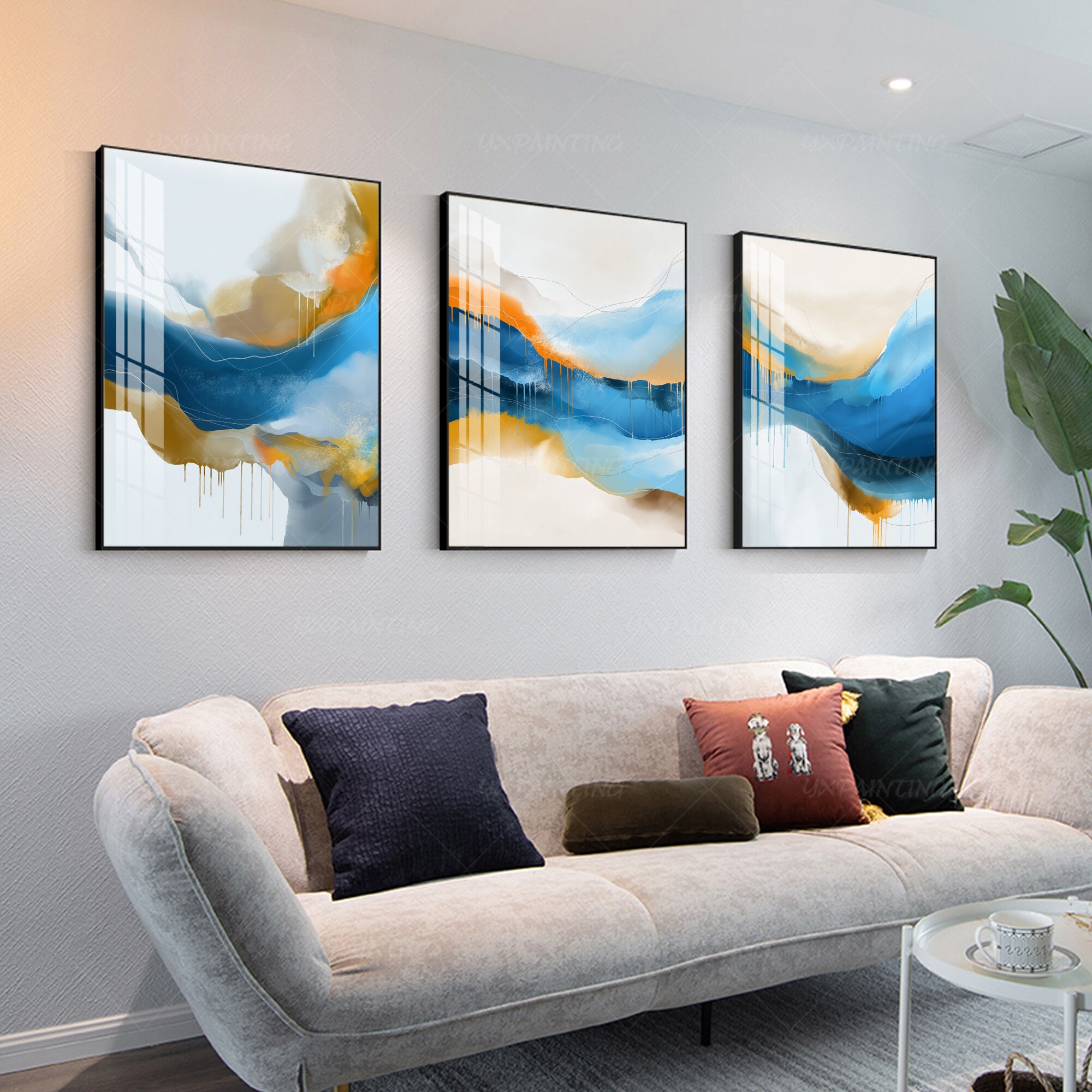 Set of 3 Water Color Mountain Gold Art Abstract Painting Large | Etsy