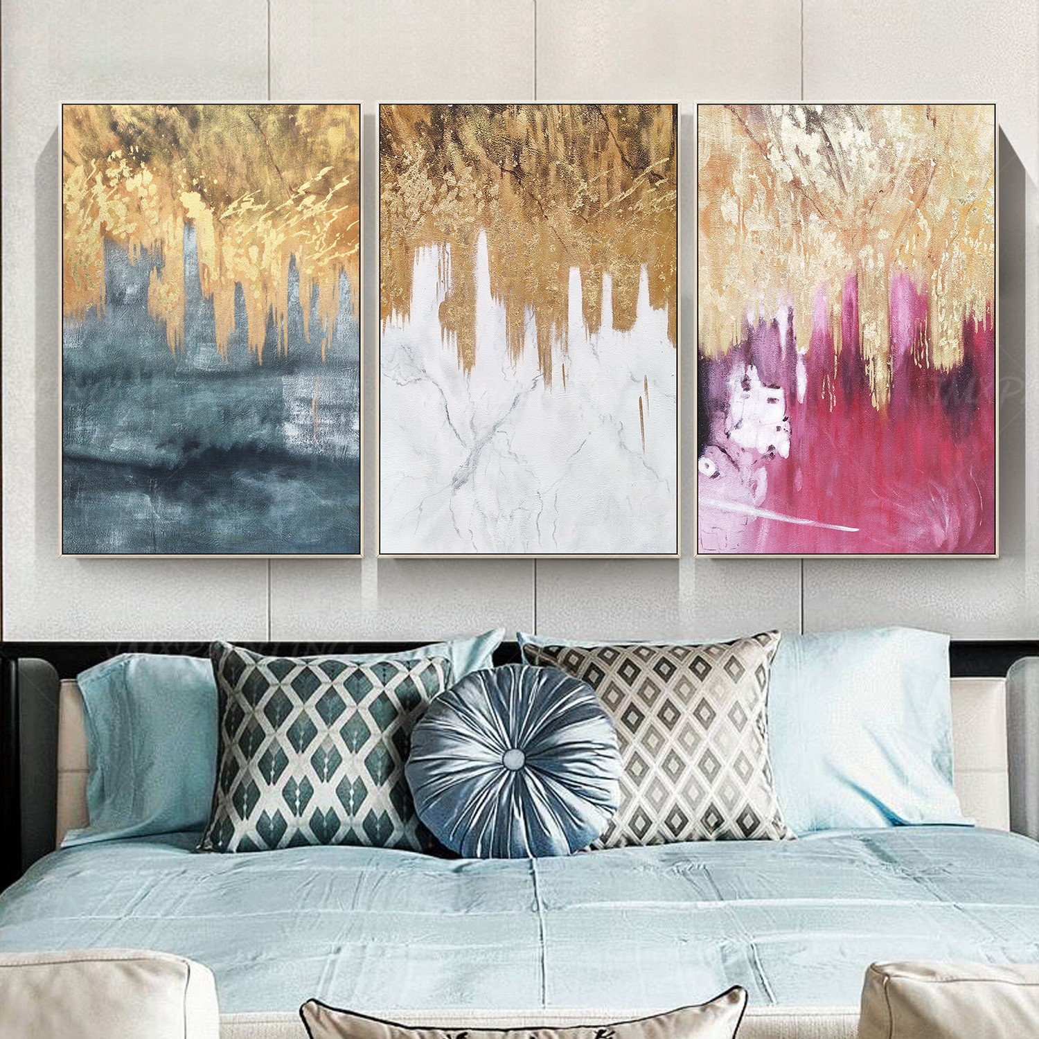 3 pieces Original Abstract gold leaf waterfall Acrylic | Etsy