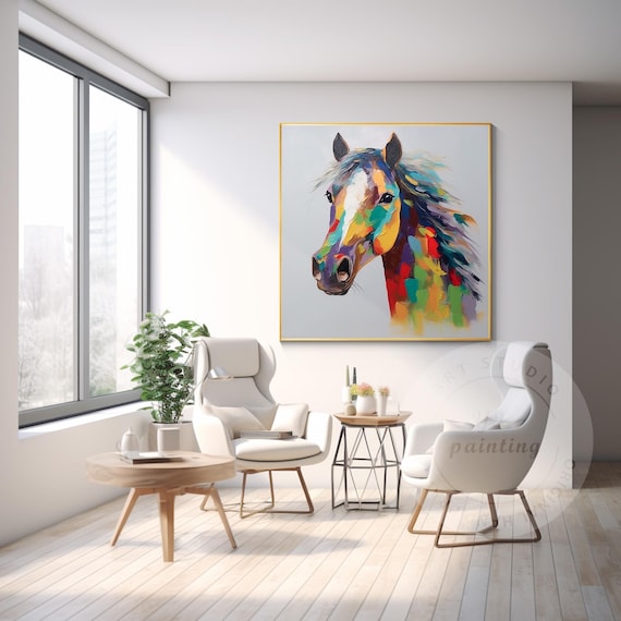 カラフルな馬のテクスチャアートオリジナル絵画キャンバス馬の肖像画