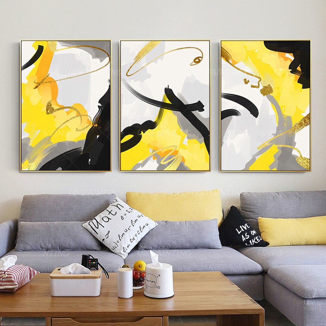 Mustard Yellow Painting Gold Art Set of 3 Wall Art Acrylic Paintings on