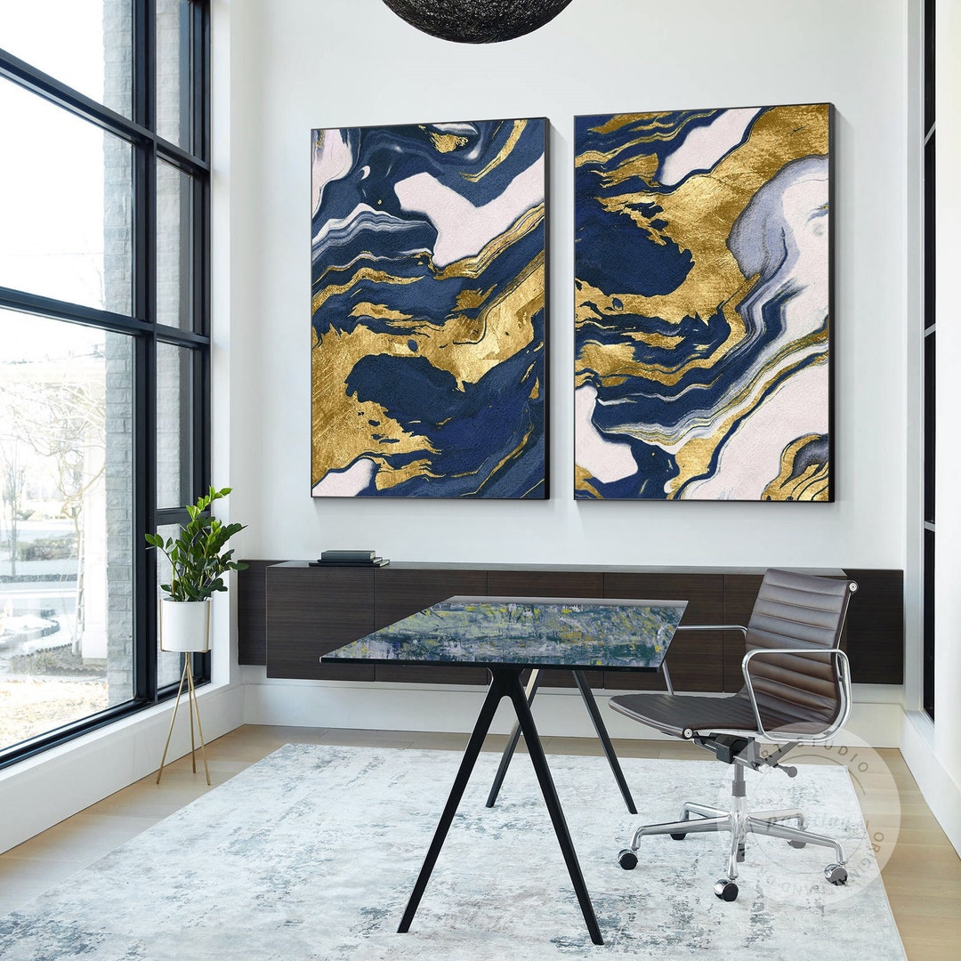 Navy Blue Gold Abstract Canvas Painting Set: Modern Framed Wall Art - Etsy