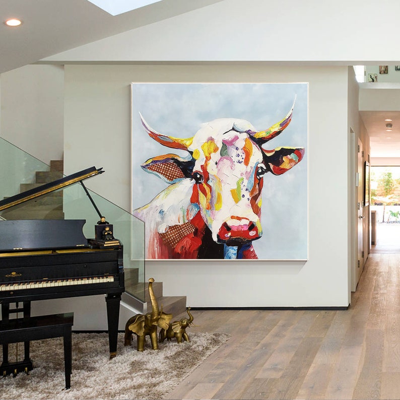 Framed quirky cow artwork with abstract paint textures entry way decor