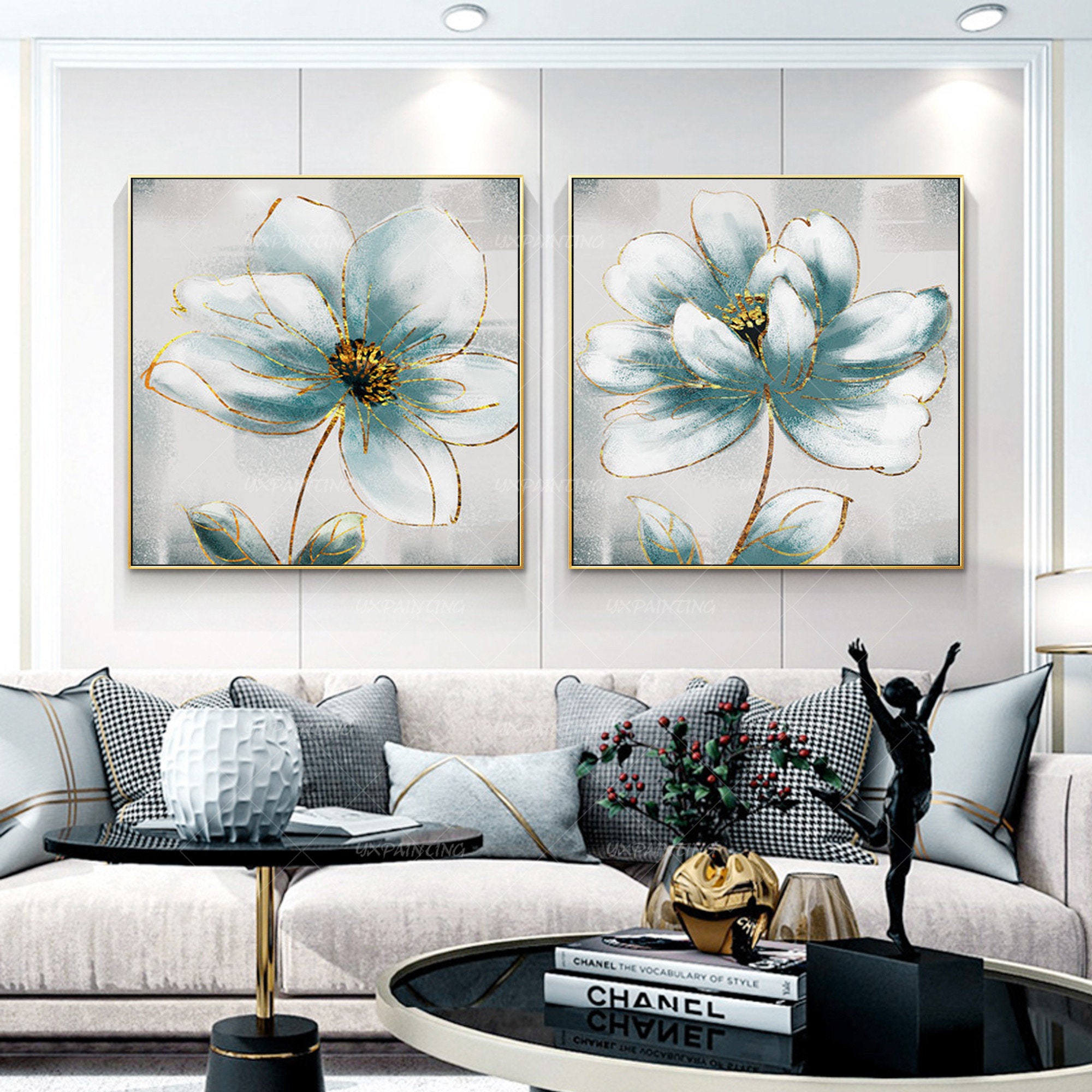 Frame painting abstract floral Original Gold line blue Acrylic Etsy