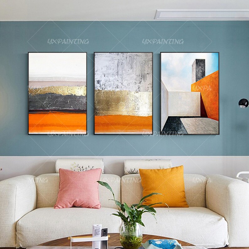 3 Pieces Abstract Painting Gold Leaf Geometric Art Acrylic Paintings on ...