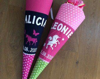 Schultüte Stoff individuell Zuckertüte Name Stoffschultüte Einhorn Pferd Husse Bezug Meerjungfrau Stern