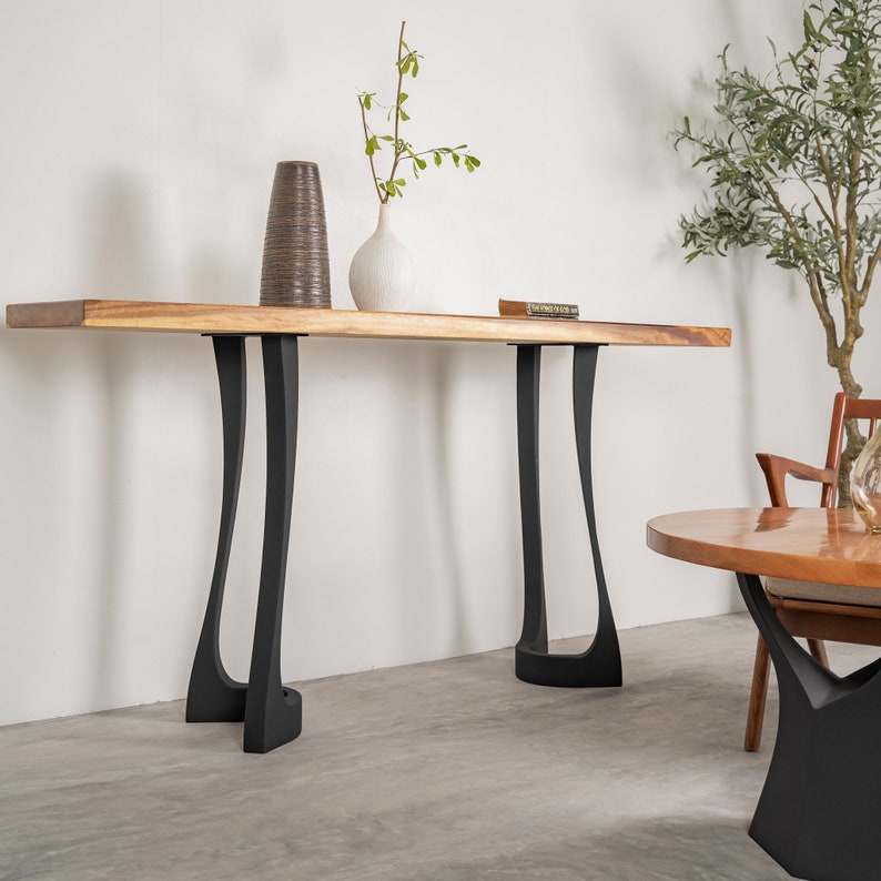 Metal Table Legs of FlowyLine - Good option for DIY easy furniture feet epoxy live edge top with steel. Product is Handmade with iron and powder coating - Free shipping Returns & exchanges , black pedestal curved industrial dining desk custom console