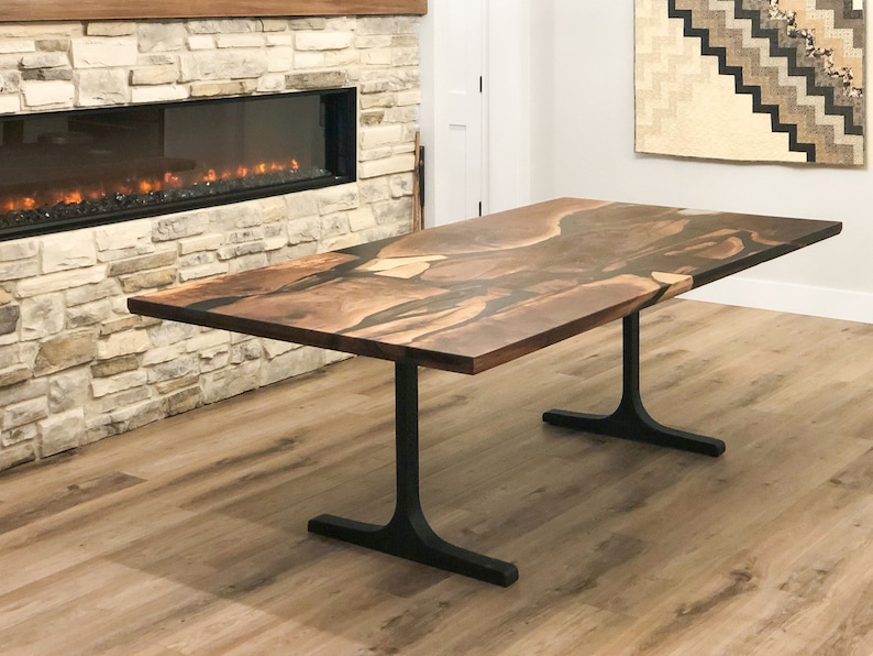 Metal Table Legs, Steel Pedestal Base DIY dining room furniture in unique Flowyline for epoxy live edge top walnut wood slab curved shape bench Handmade modern kitchen mid century dining room idea industrial custom frame Black wooden desk antique