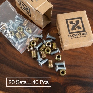 Threaded Inserts And Bolts | Size M6 or M8 | 20 Sets (40 pcs) | Woodworking Hardware | Flowyline Design