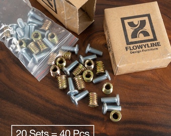 Threaded Inserts And Bolts | Size M6 or M8 | 20 Sets (40 pcs) | Woodworking Hardware | Flowyline Design