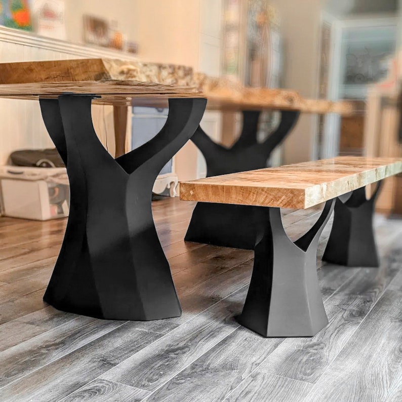 Metal Table Legs, DIY Steel Furniture of  FlowyLine Design for epoxy live edge top walnut wood slab curved shape bench Handmade modern kitchen mid century dining room idea industrial custom frame Black wooden desk antique woodworking decorative