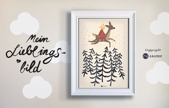 Reh Bild, Poster, Print, Kinderzimmerbild, Druck, Tier, Prinzessin auf Reh, Digitaldruck
