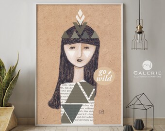 Indian Poster, Print, Painting, Art Print, Print, "Indian Girl-Go Wild"
